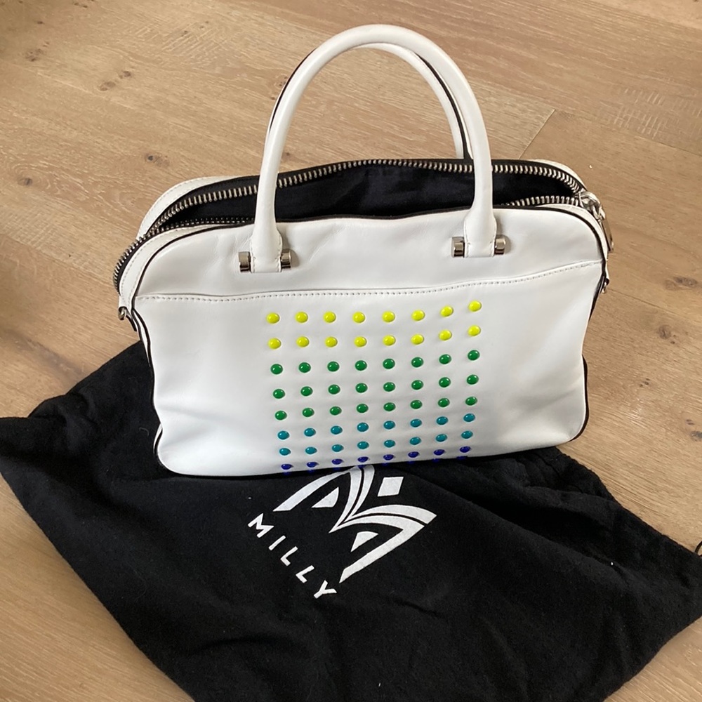 MILLY White Tote Satchel Geometric Multicolor Studs Detachable Strap Handbag